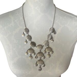 Statement Bib Necklace Silver Tone Textured Disc Drop Boho Tribal Style